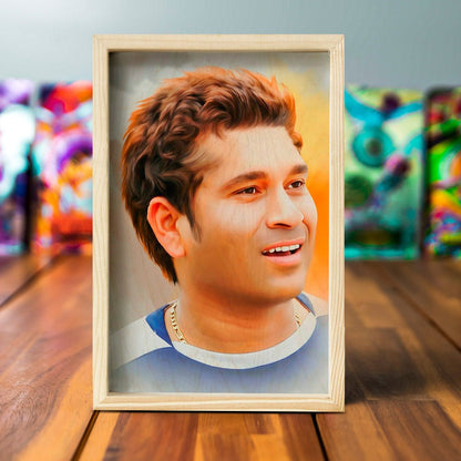 Sachin Tendulkar Wooden Frame Wall Art with Pine Portrait Design - Sblossom