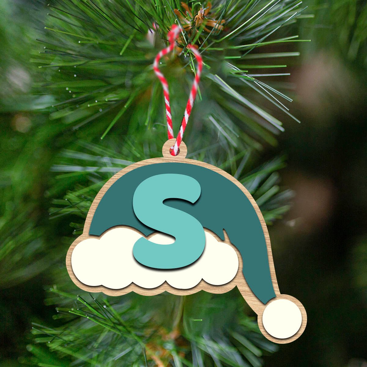 Santa Cap Christmas Ornament in Wood with Initial Letter - Sblossom
