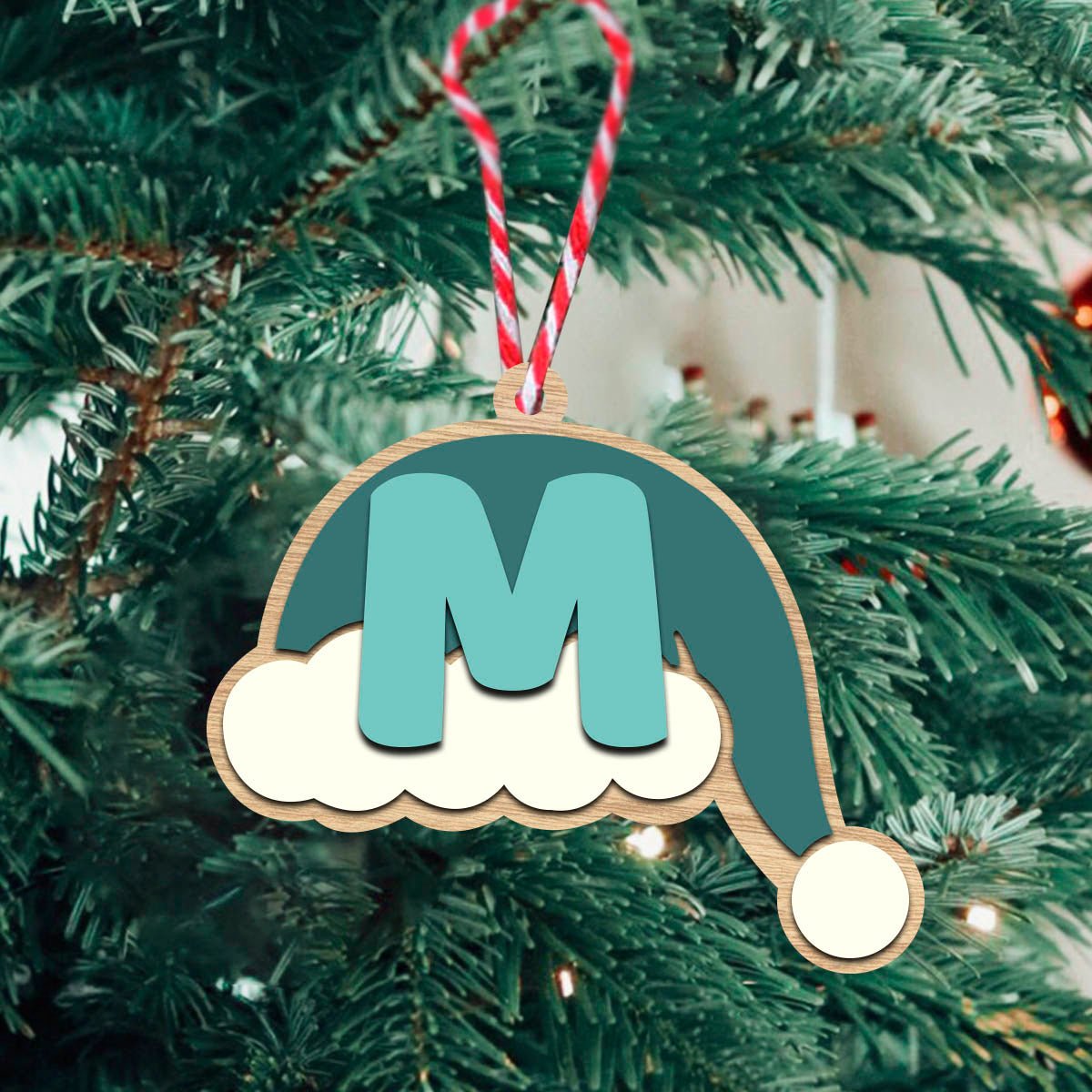 Santa Cap Christmas Ornament in Wood with Initial Letter - Sblossom