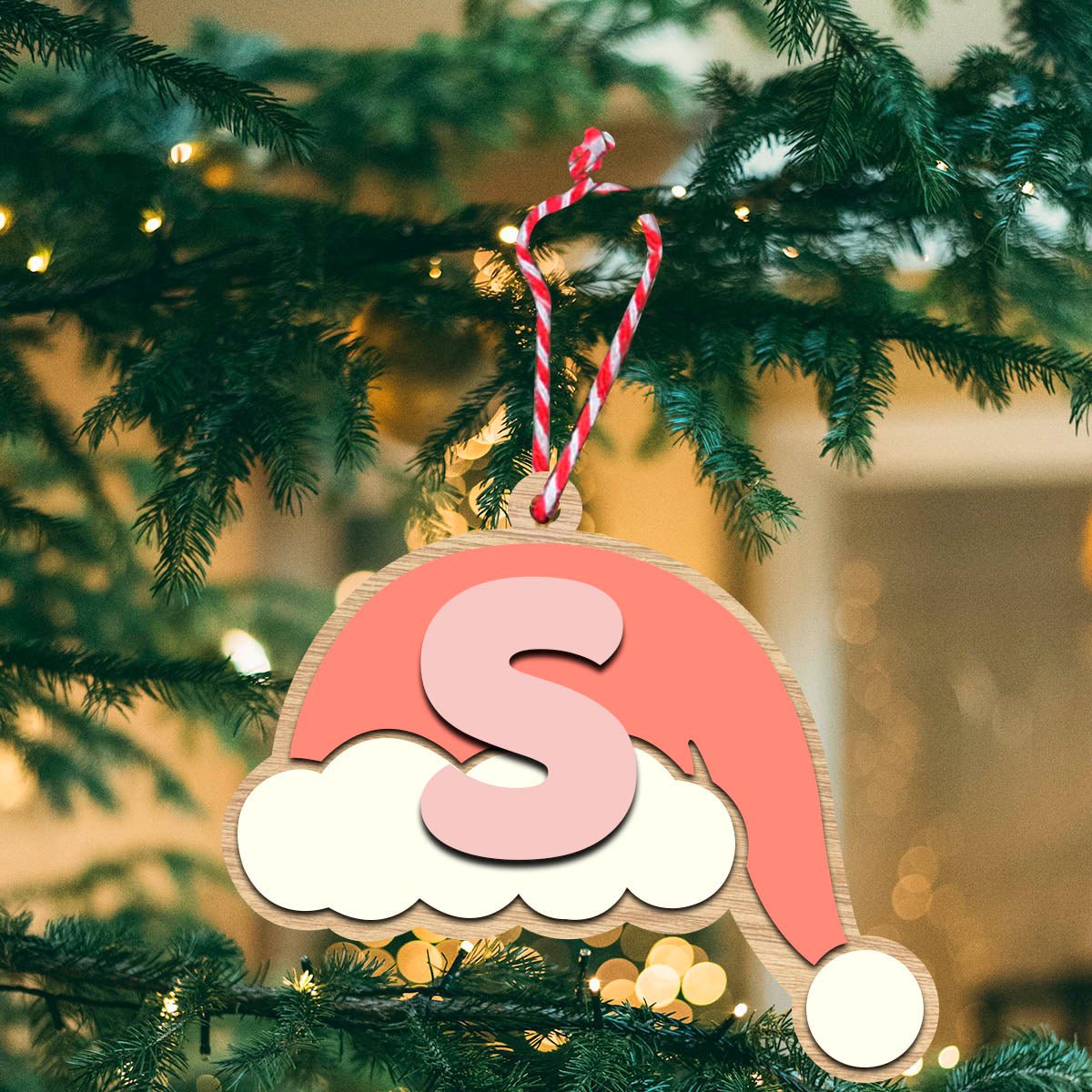 Santa Cap Christmas Ornament in Wood with Initial Letter - Sblossom