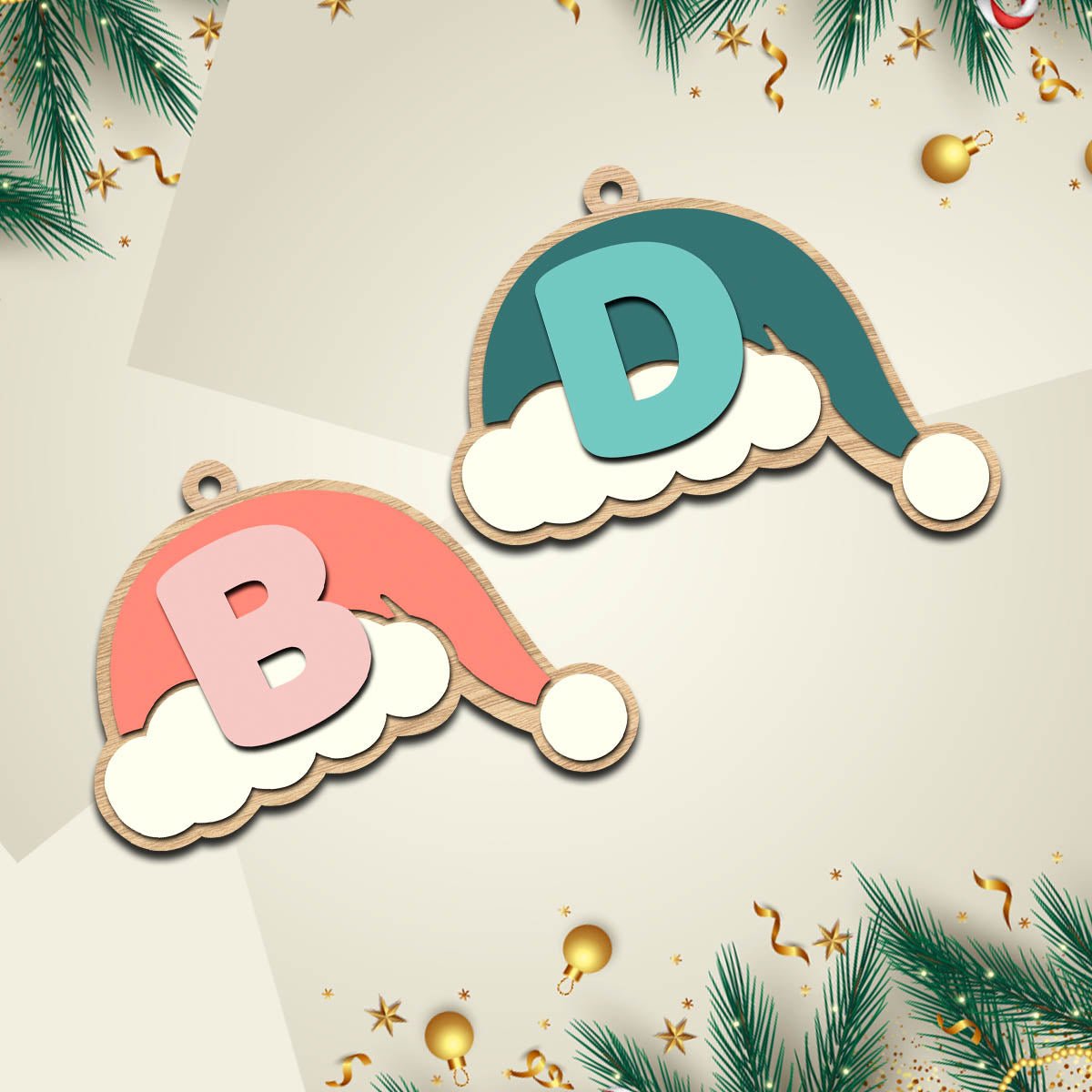 Santa Cap Christmas Ornament in Wood with Initial Letter - Sblossom