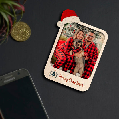 Santa Hat Christmas Magnet in Wood with Personalized Photo Print - Sblossom