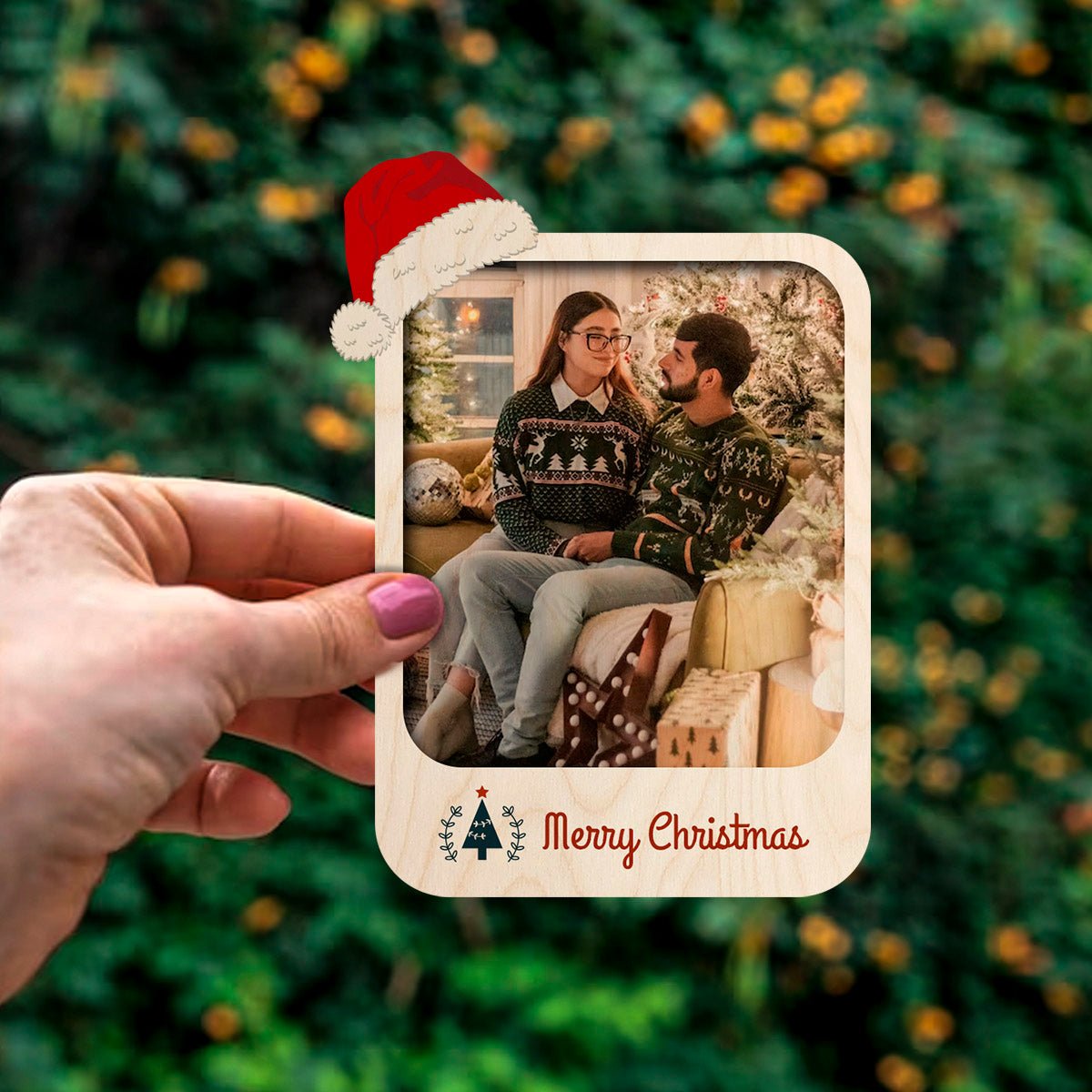 Santa Hat Christmas Magnet in Wood with Personalized Photo Print - Sblossom