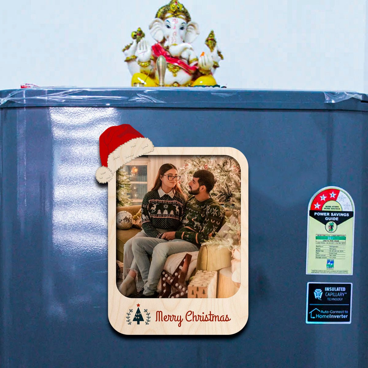 Santa Hat Christmas Magnet in Wood with Personalized Photo Print - Sblossom