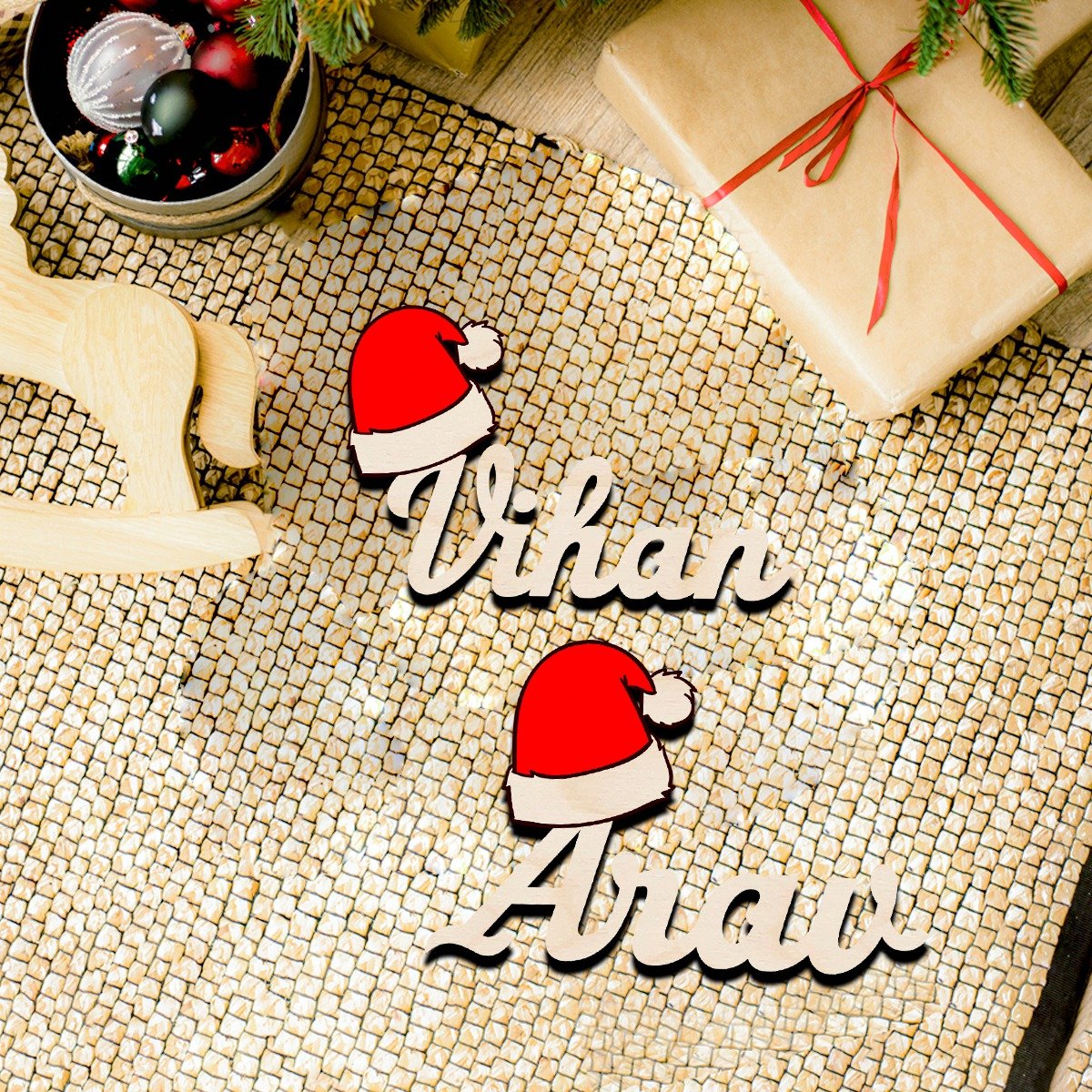 Santa Hat Name Fridge Magnet in Wood with 3D Cursive Cutout - Sblossom