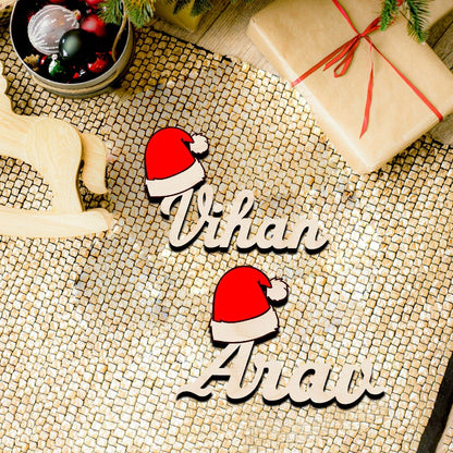 Santa Hat Name Fridge Magnet in Wood with 3D Cursive Cutout - Sblossom