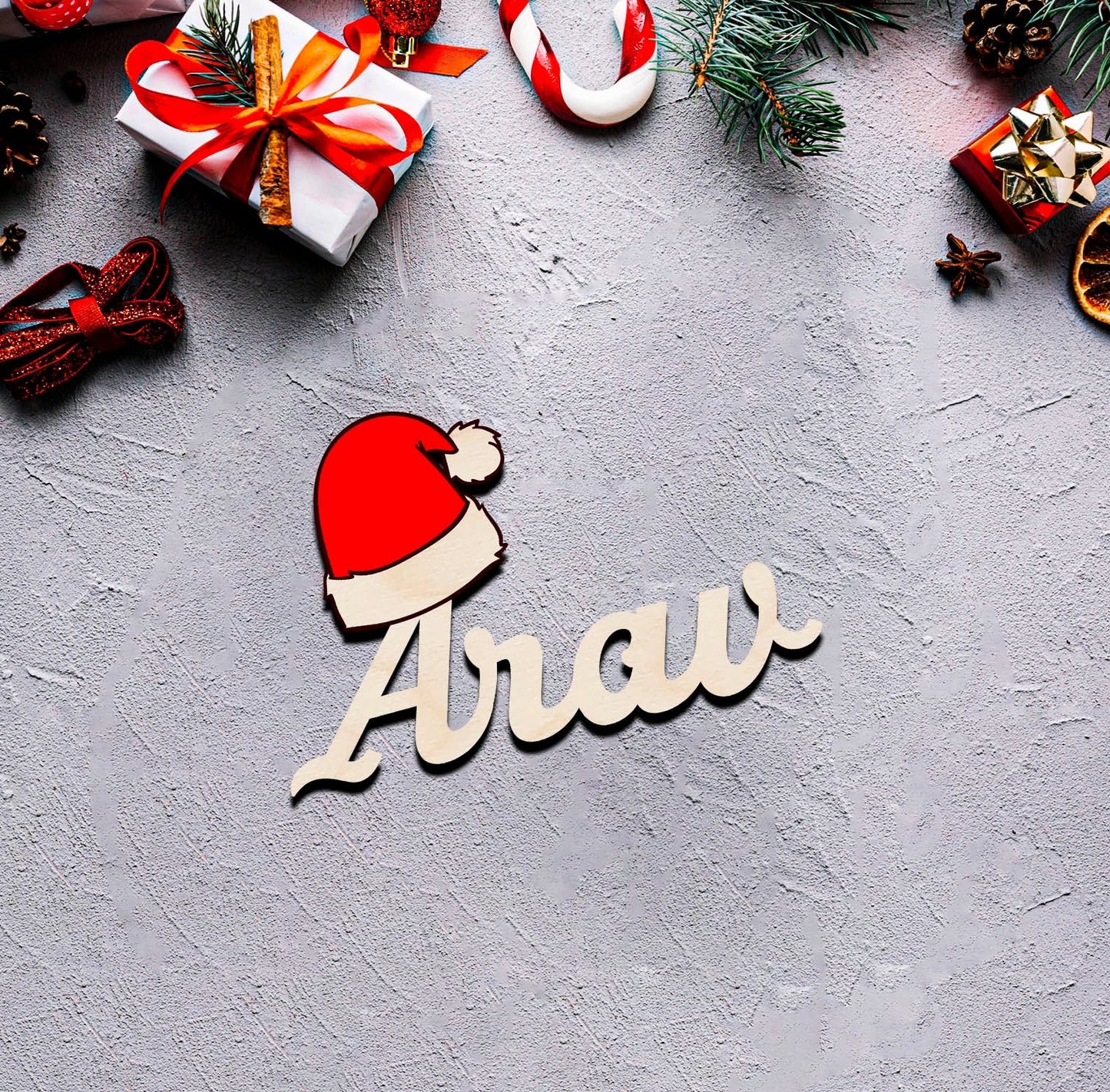 Santa Hat Name Fridge Magnet in Wood with 3D Cursive Cutout - Sblossom