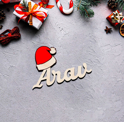 Santa Hat Name Fridge Magnet in Wood with 3D Cursive Cutout - Sblossom