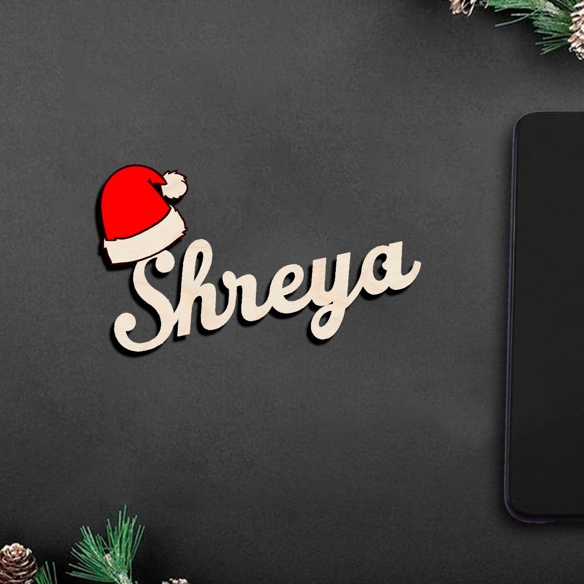 Santa Hat Name Fridge Magnet in Wood with 3D Cursive Cutout - Sblossom