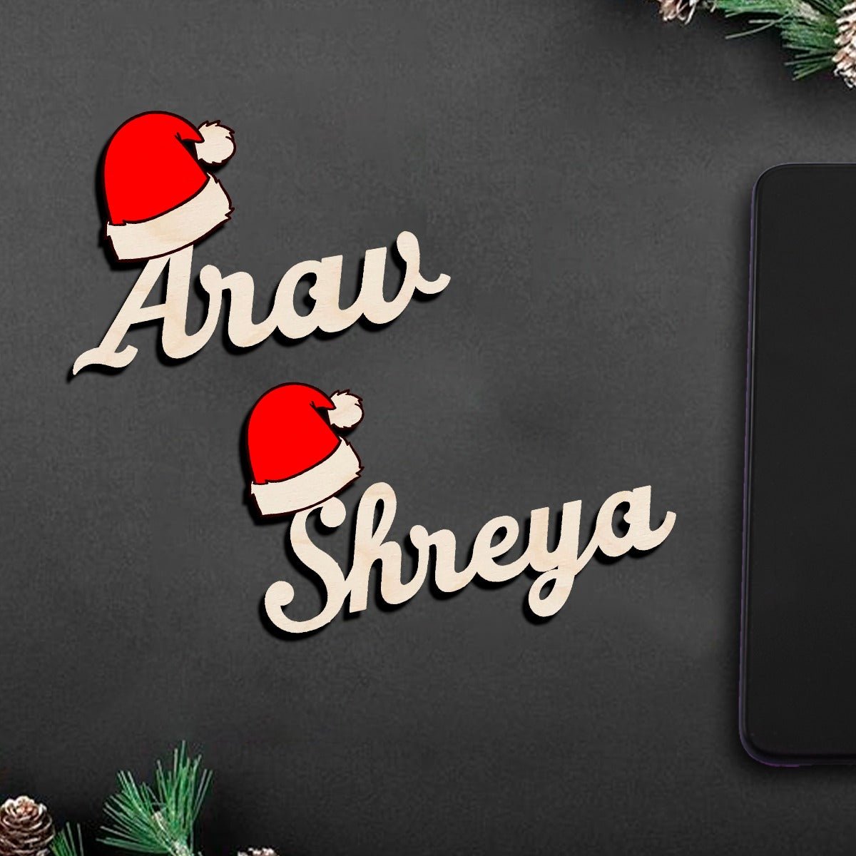 Santa Hat Name Fridge Magnet in Wood with 3D Cursive Cutout - Sblossom