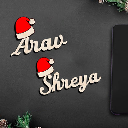 Santa Hat Name Fridge Magnet in Wood with 3D Cursive Cutout - Sblossom