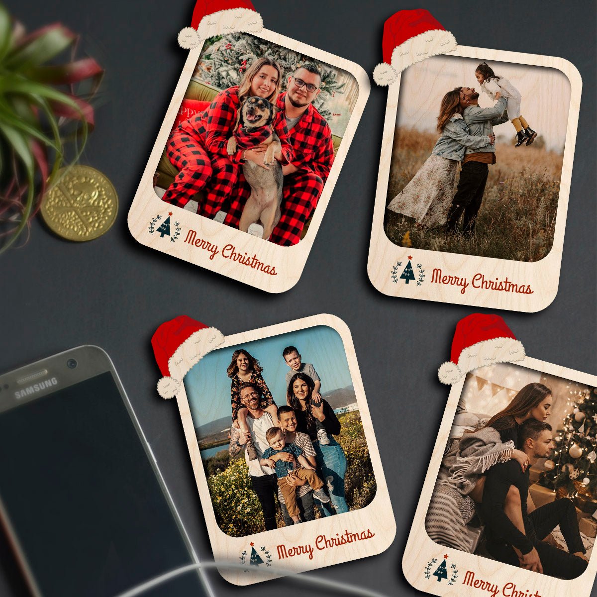 Santa Hat Photo Magnet in Wood with Merry Christmas Print Design - Sblossom