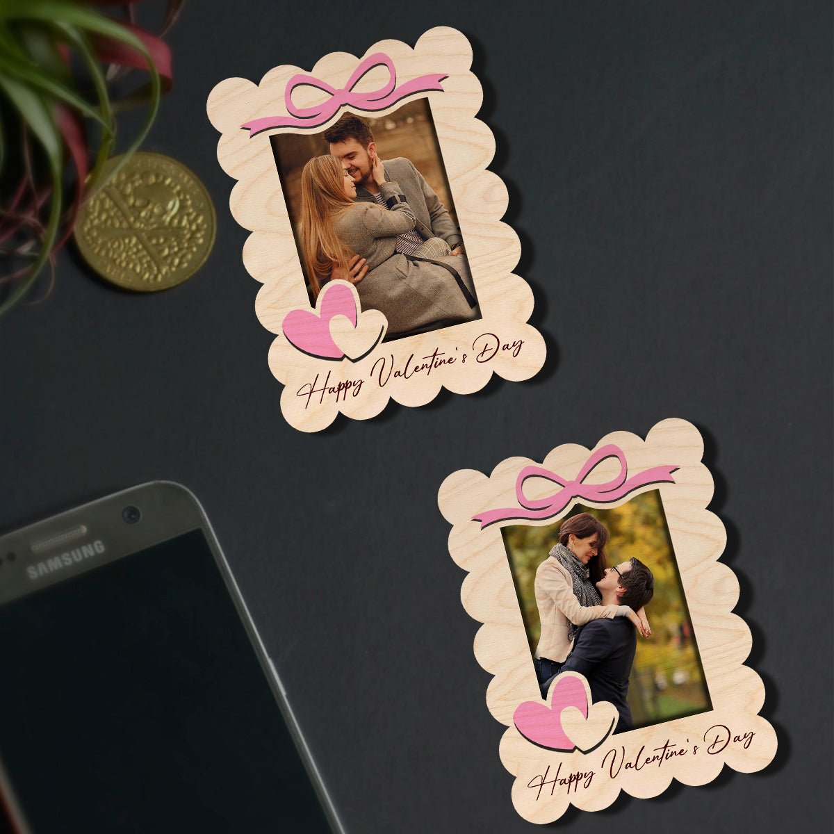 Scalloped Bow Couple Magnet in Wood with Personalized Photo Print - Sblossom
