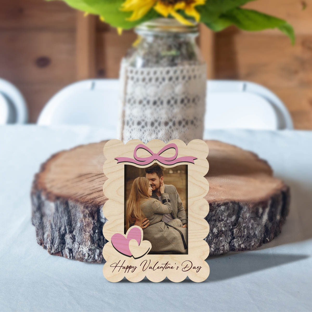 Scalloped Bow Couple Magnet in Wood with Personalized Photo Print - Sblossom