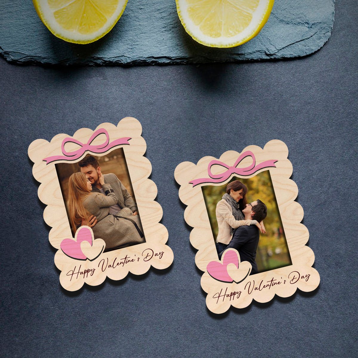Scalloped Bow Couple Magnet in Wood with Personalized Photo Print - Sblossom