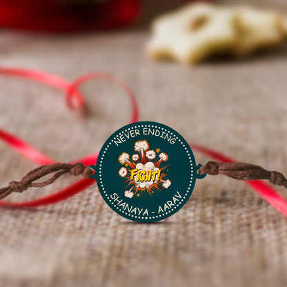 Sibling Names Rakhi in Wood with Never Ending Fight Theme - Sblossom