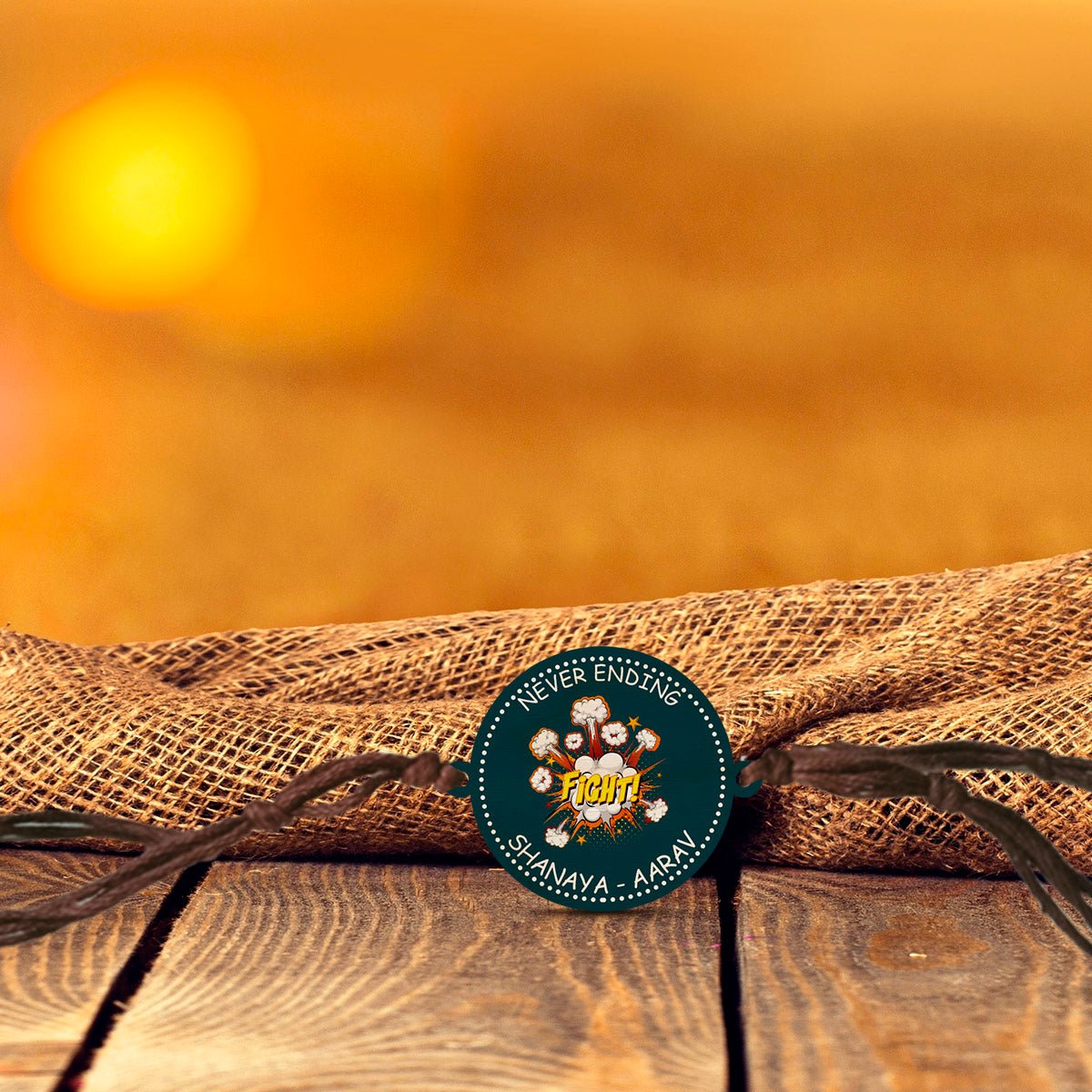 Sibling Names Rakhi in Wood with Never Ending Fight Theme - Sblossom