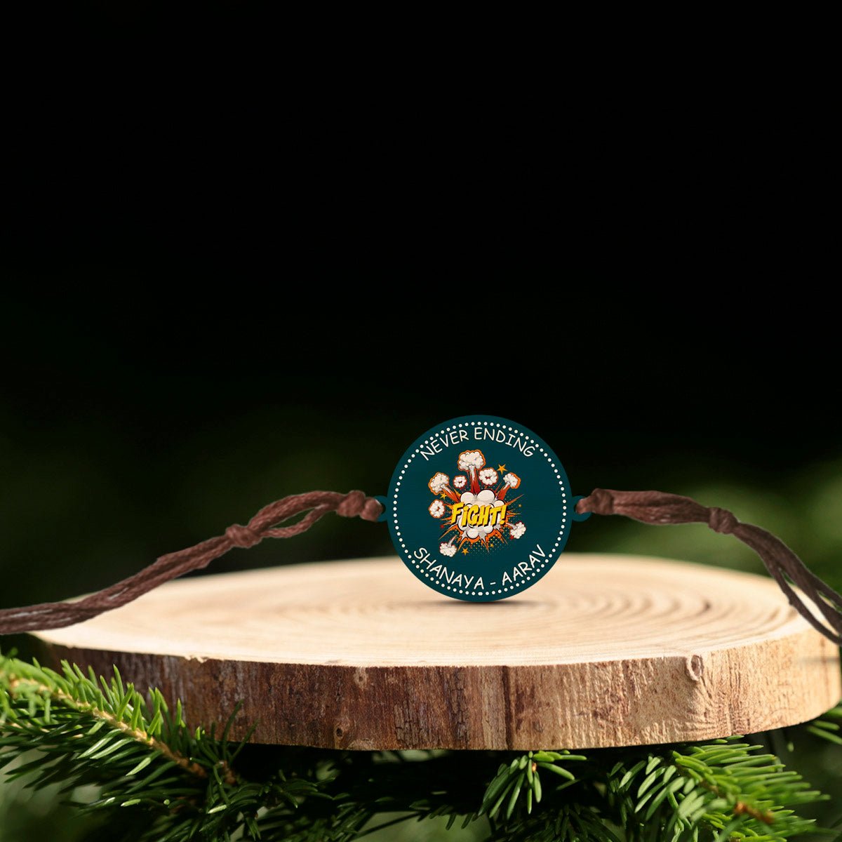 Sibling Names Rakhi in Wood with Never Ending Fight Theme - Sblossom