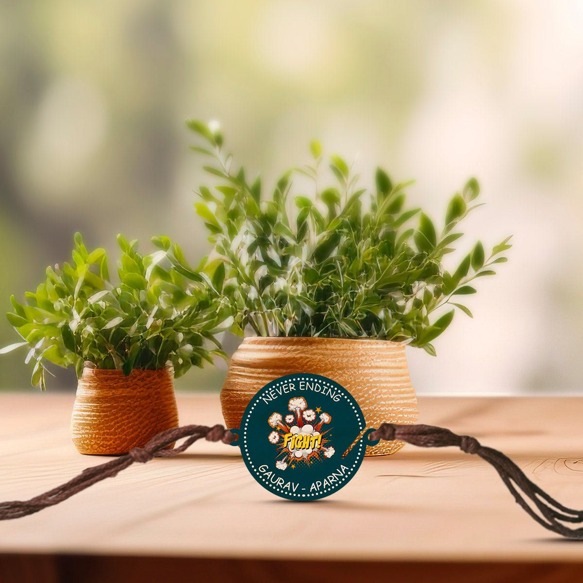 Sibling Names Rakhi in Wood with Never Ending Fight Theme - Sblossom