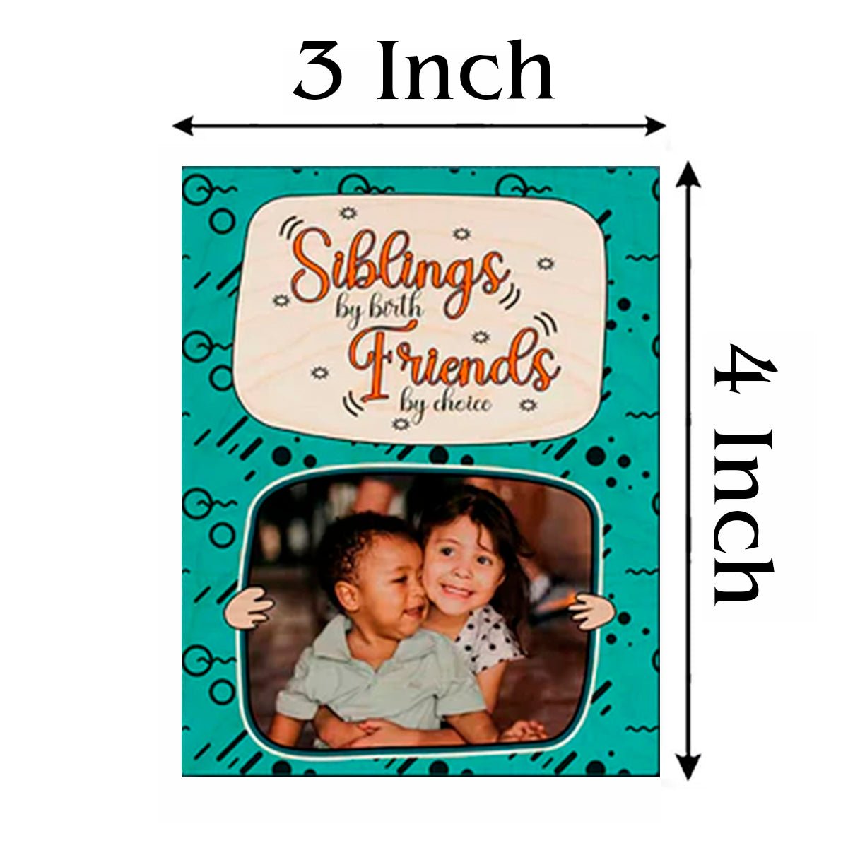Siblings Quote Fridge Magnet in Wood with Teal Cartoon Photo - Sblossom