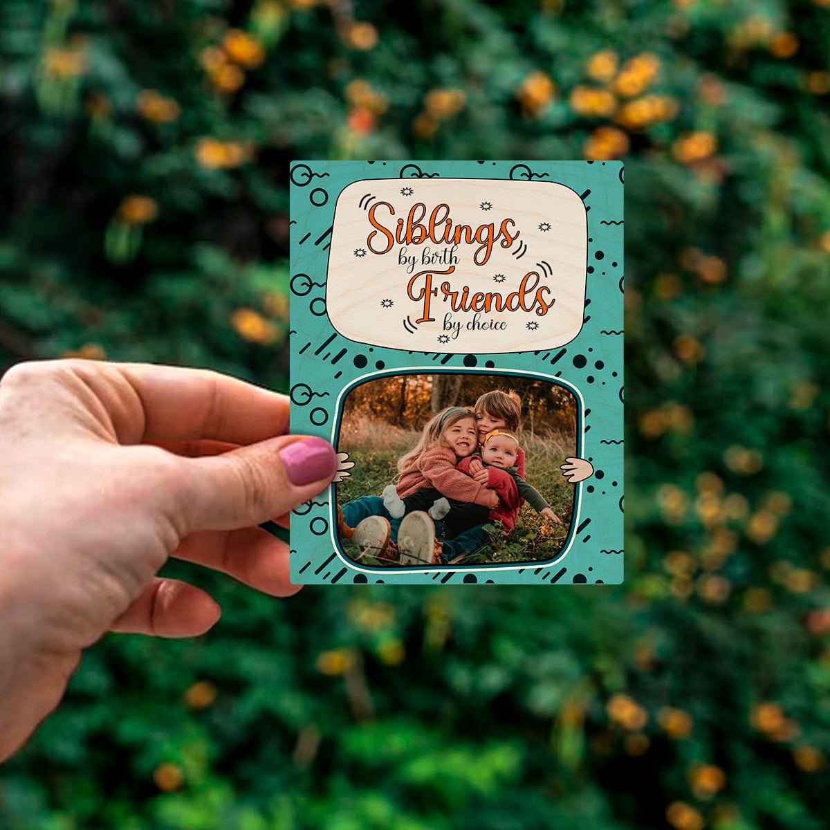 Siblings Quote Fridge Magnet in Wood with Teal Cartoon Photo - Sblossom