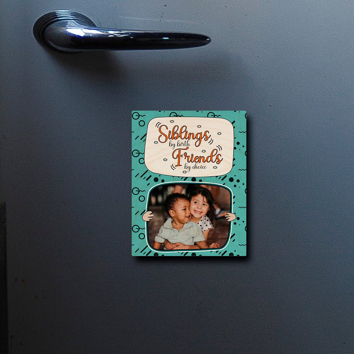 Siblings Quote Fridge Magnet in Wood with Teal Cartoon Photo - Sblossom