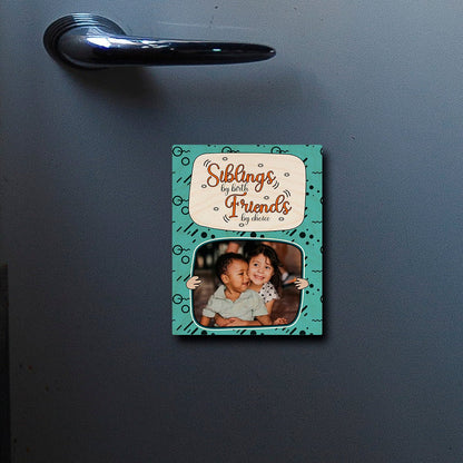 Siblings Quote Fridge Magnet in Wood with Teal Cartoon Photo - Sblossom