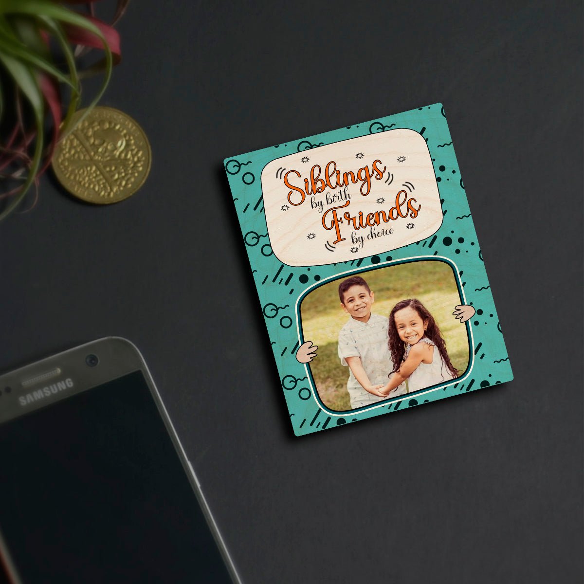 Siblings Quote Fridge Magnet in Wood with Teal Cartoon Photo - Sblossom