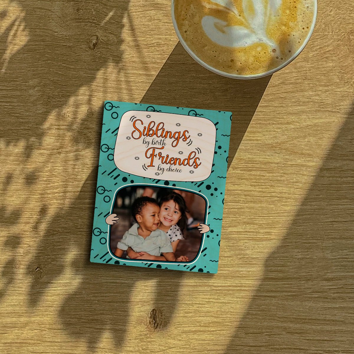 Siblings Quote Fridge Magnet in Wood with Teal Cartoon Photo - Sblossom