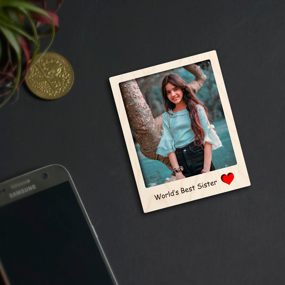 Sister Photo Fridge Magnet in Wood with Personalized Print Design - Sblossom