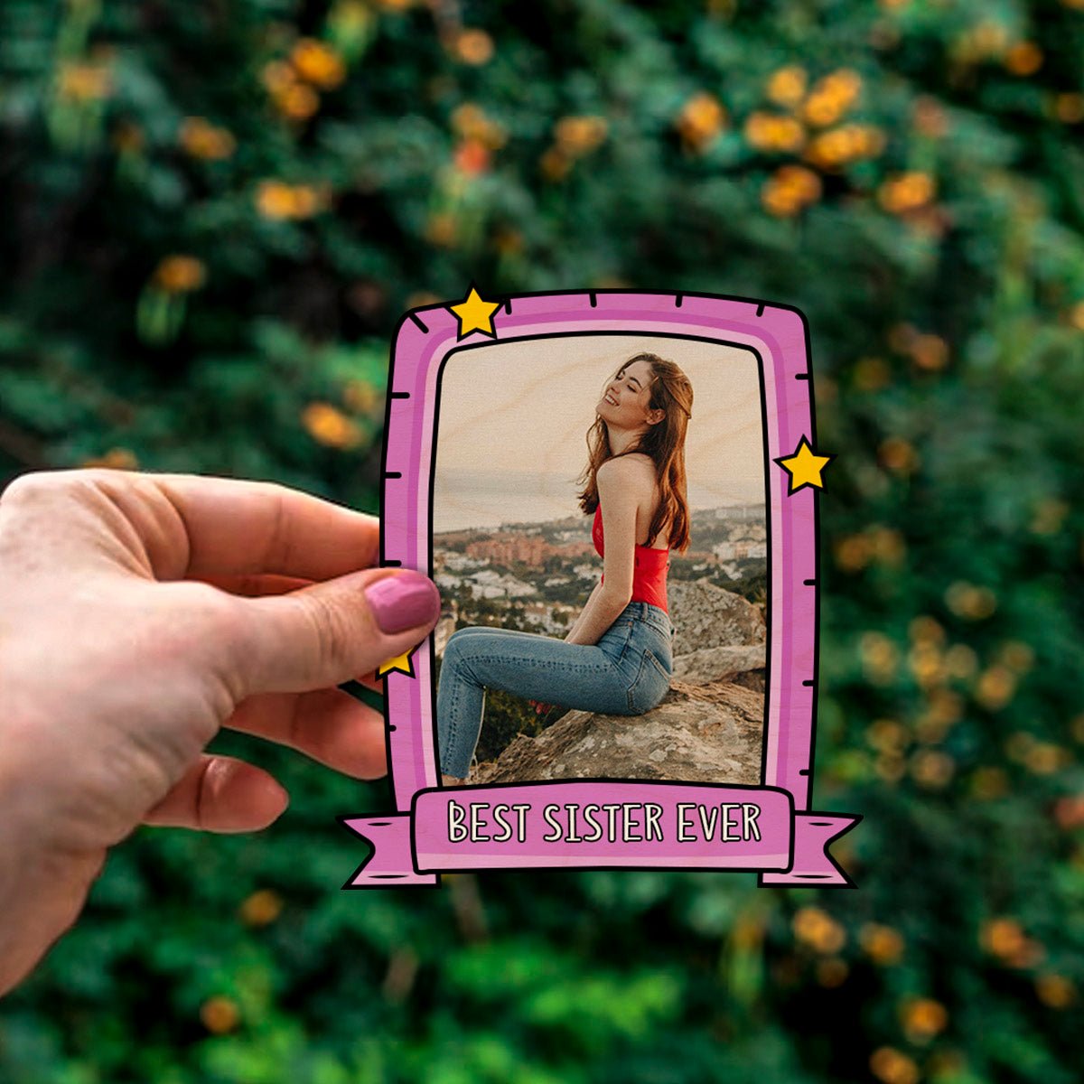 Sister Rakhi Fridge Magnet in Wood with Pink Photo Print Design , 3x4 Inch - Sblossom