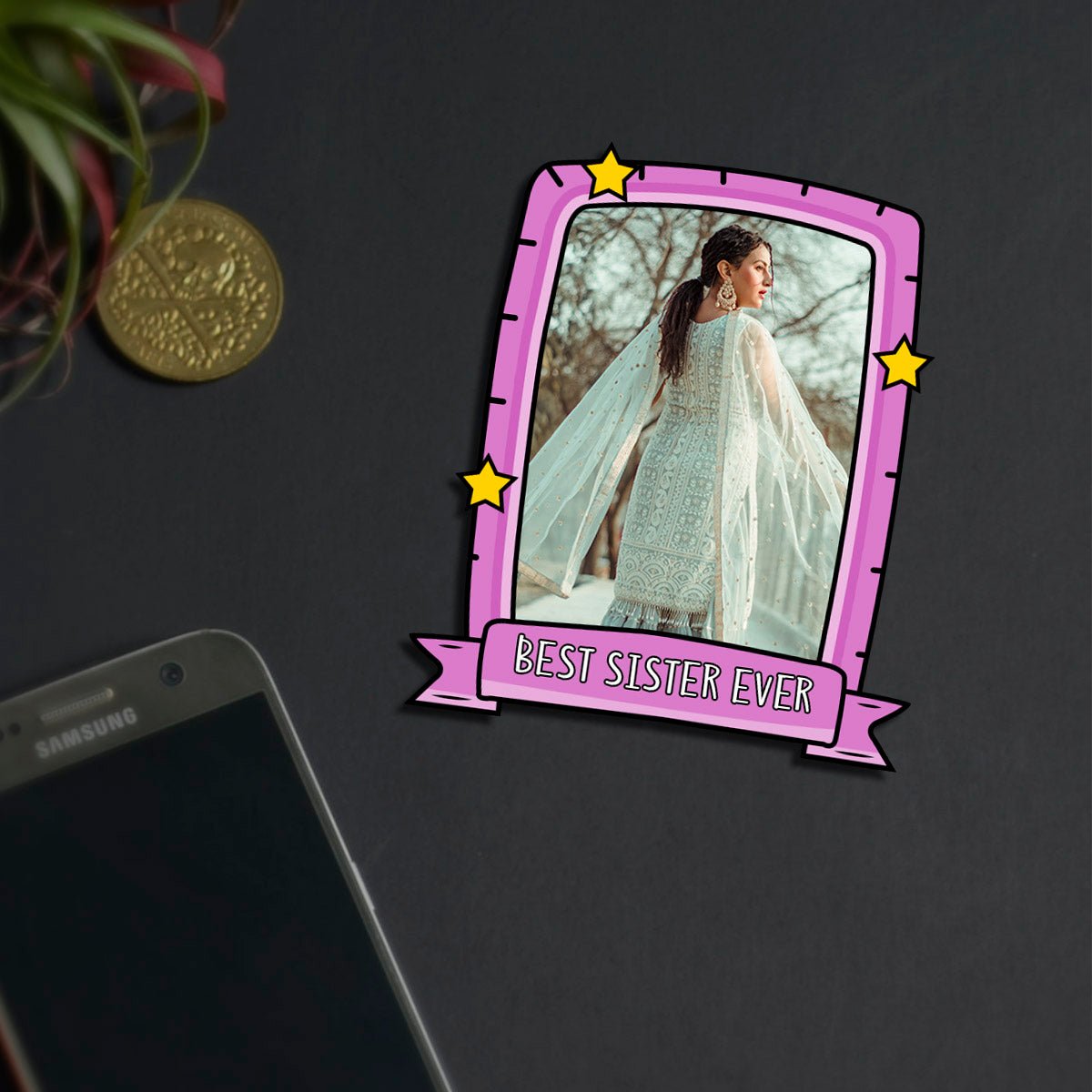 Sister Rakhi Fridge Magnet in Wood with Pink Photo Print Design , 3x4 Inch - Sblossom