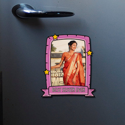 Sister Rakhi Fridge Magnet in Wood with Pink Photo Print Design , 3x4 Inch - Sblossom