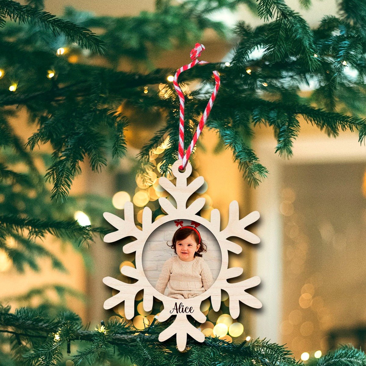 Snowflake Photo Ornament in Wood with Personalized Christmas Frame - Sblossom