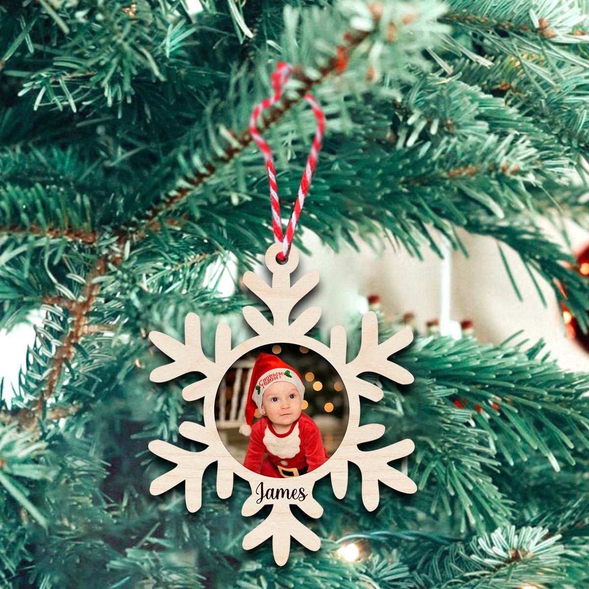 Snowflake Photo Ornament in Wood with Personalized Christmas Frame - Sblossom