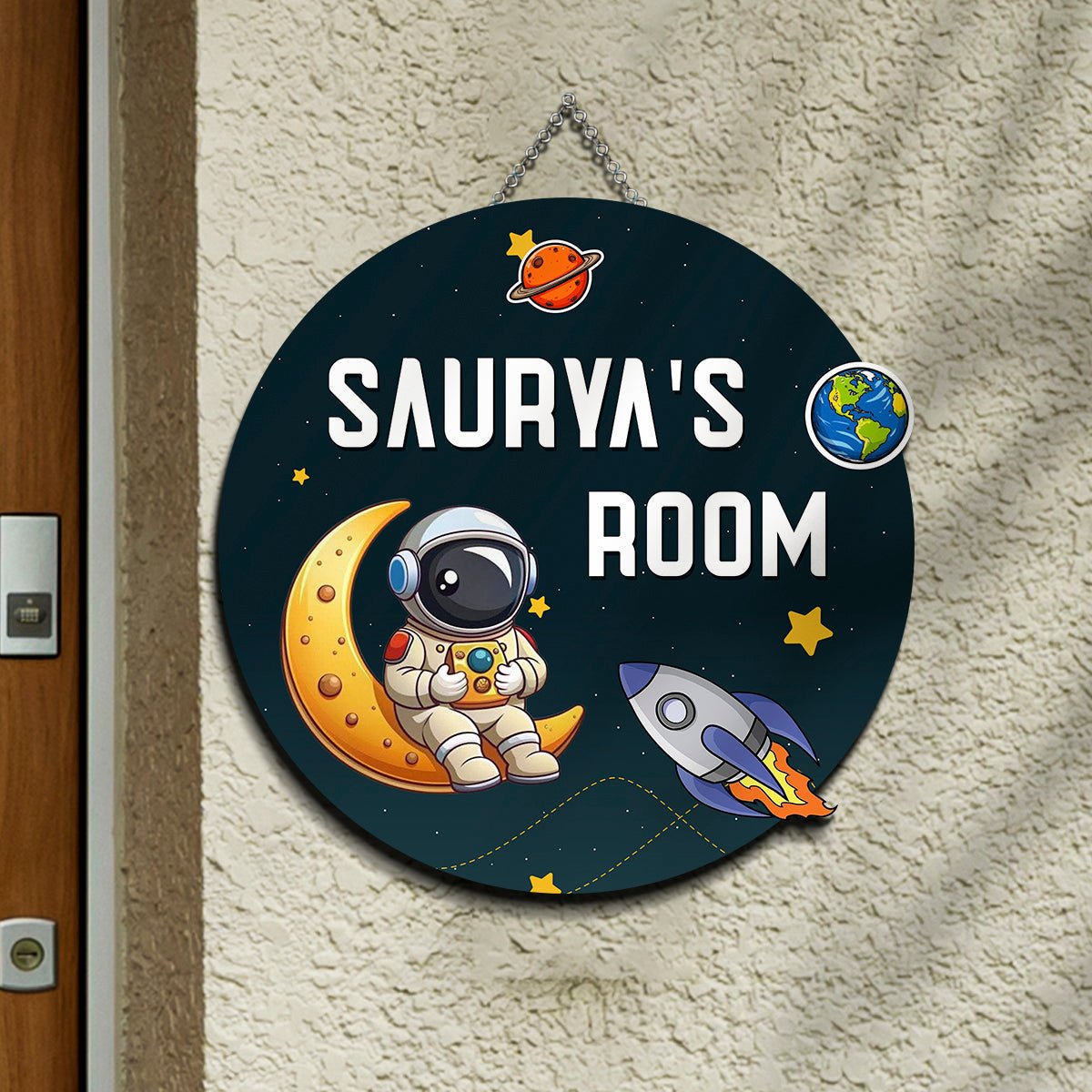 Space Theme Name Plate for Kids Room — Astronaut, 12x12 Inch - Sblossom