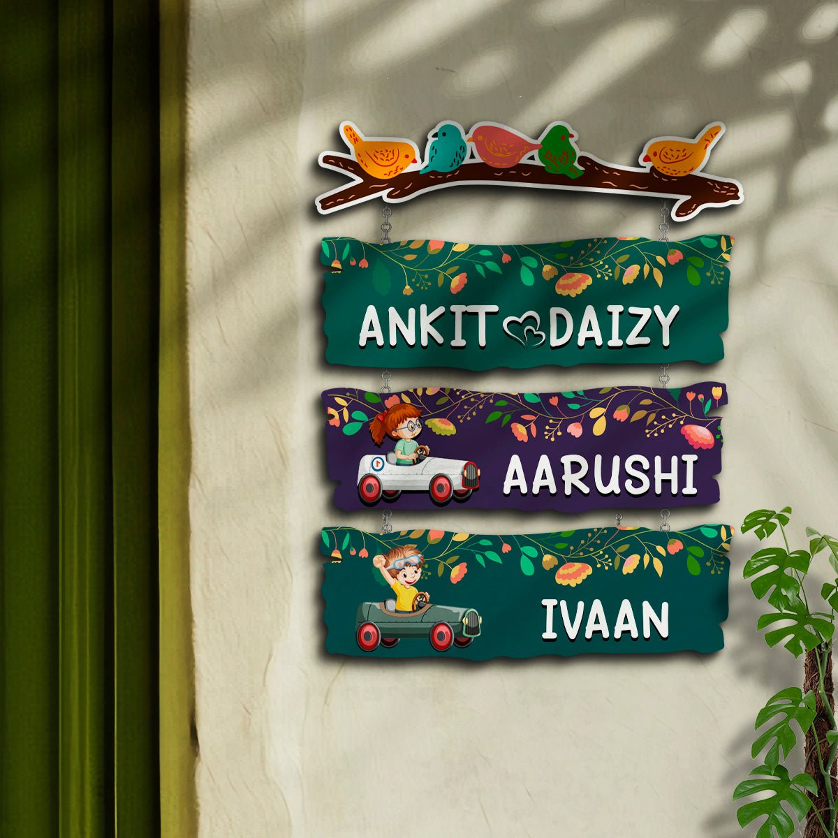 Sparrow Plank Name Plate Design for Home with Two Kids Names - Sblossom