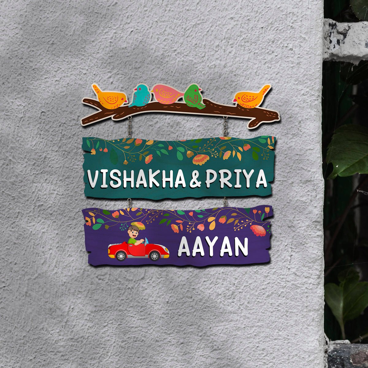 Sparrow Plank Name Plate Design for Home with Two Kids Names - Sblossom