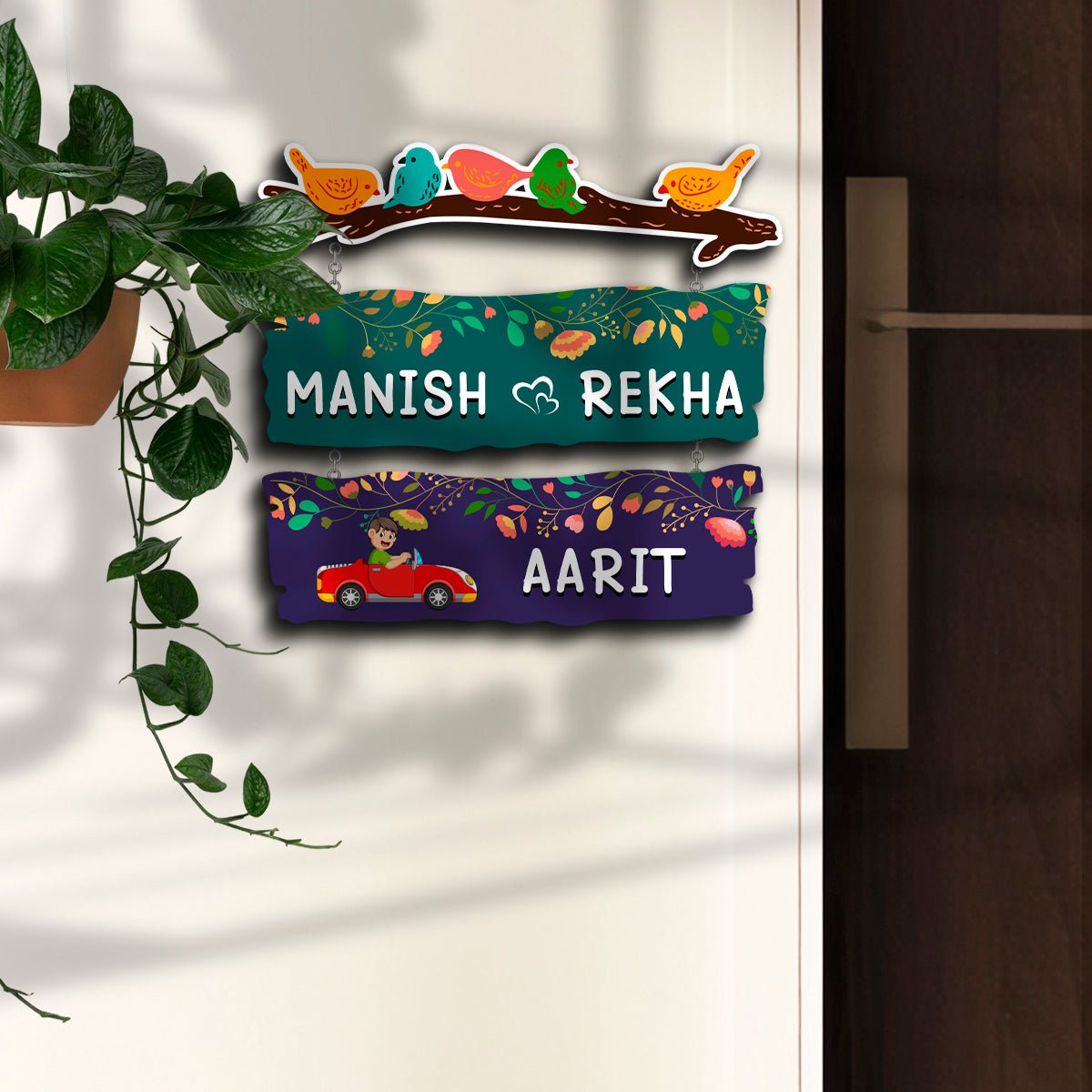Sparrow Plank Name Plate Design for Home with Two Kids Names - Sblossom