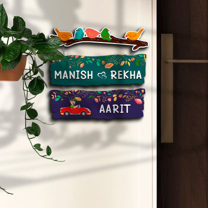 Sparrow Plank Name Plate Design for Home with Two Kids Names - Sblossom