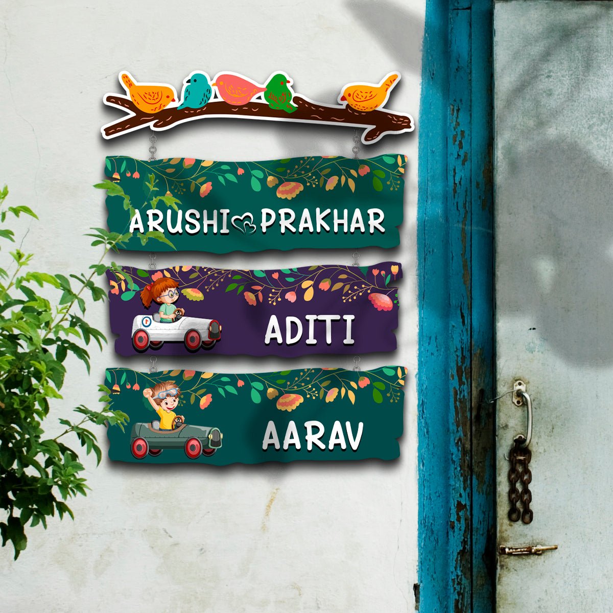 Sparrow Plank Name Plate Design for Home with Two Kids Names - Sblossom