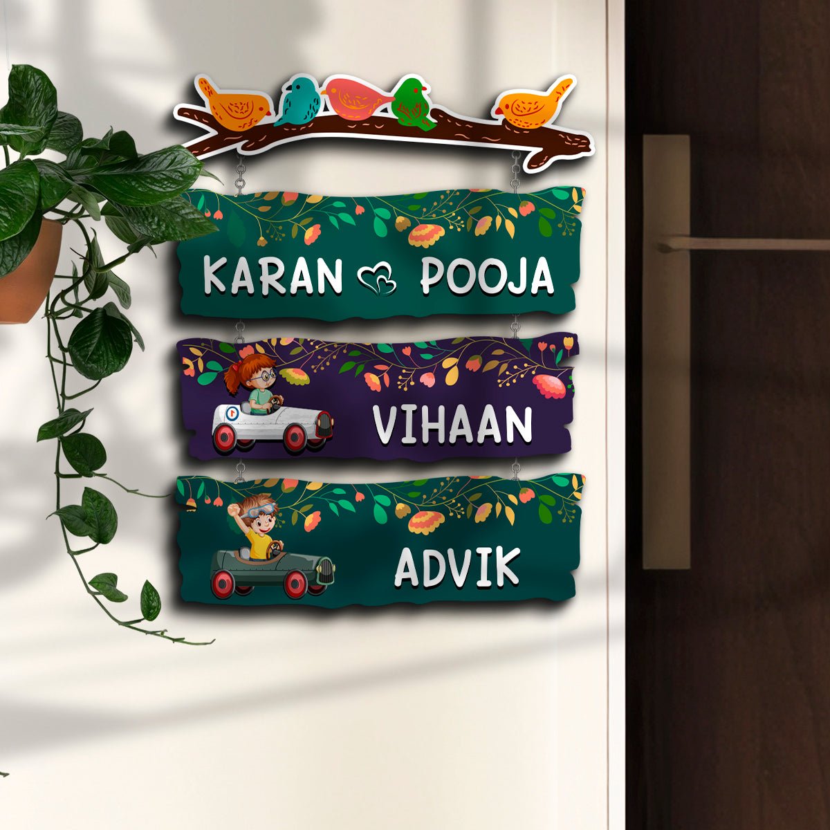 Sparrow Plank Name Plate Design for Home with Two Kids Names - Sblossom