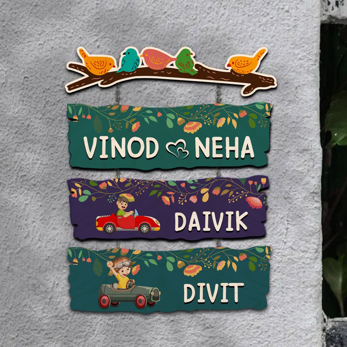 Sparrow Plank Name Plate Design for Home with Two Kids Names - Sblossom