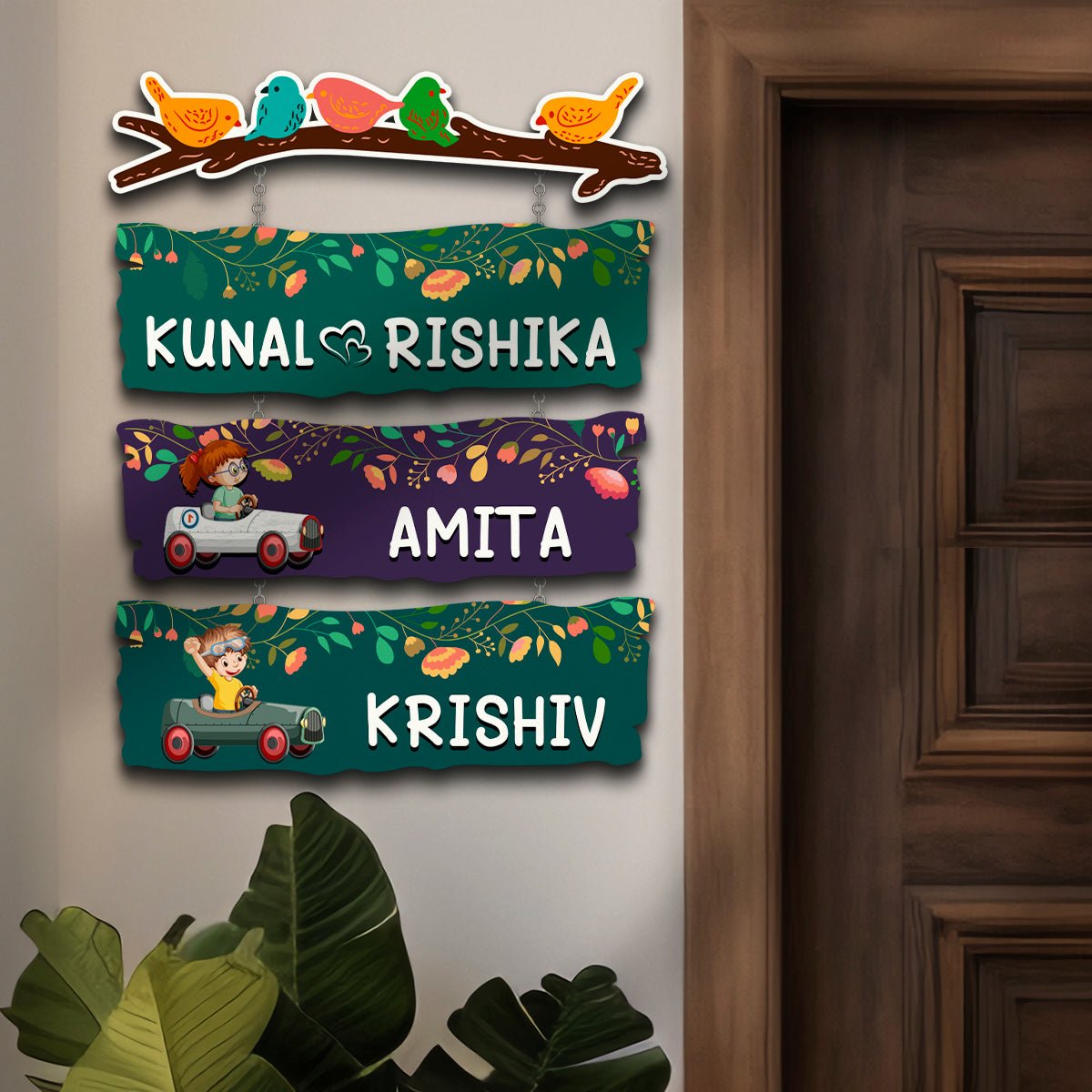 Sparrow Plank Name Plate Design for Home with Two Kids Names - Sblossom