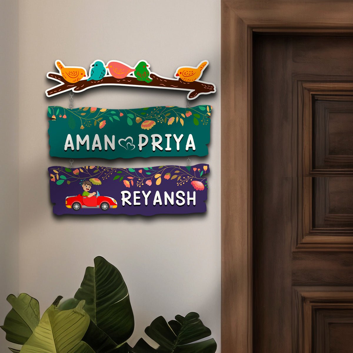 Sparrow Plank Name Plate Design for Home with Two Kids Names - Sblossom