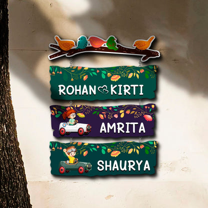 Sparrow Plank Name Plate Design for Home with Two Kids Names - Sblossom