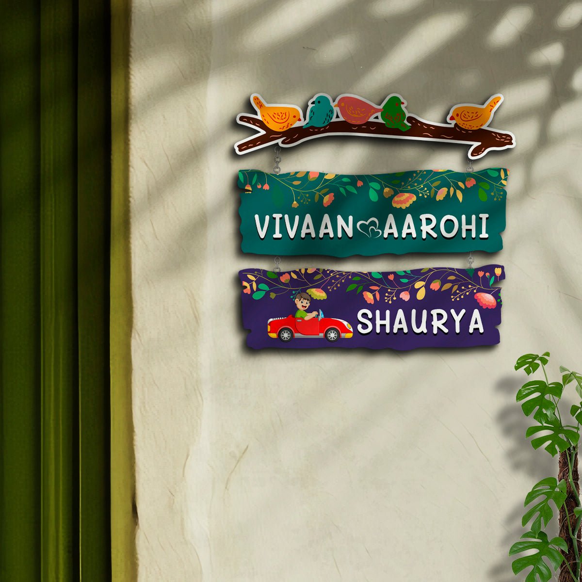 Sparrow Plank Name Plate Design for Home with Two Kids Names - Sblossom