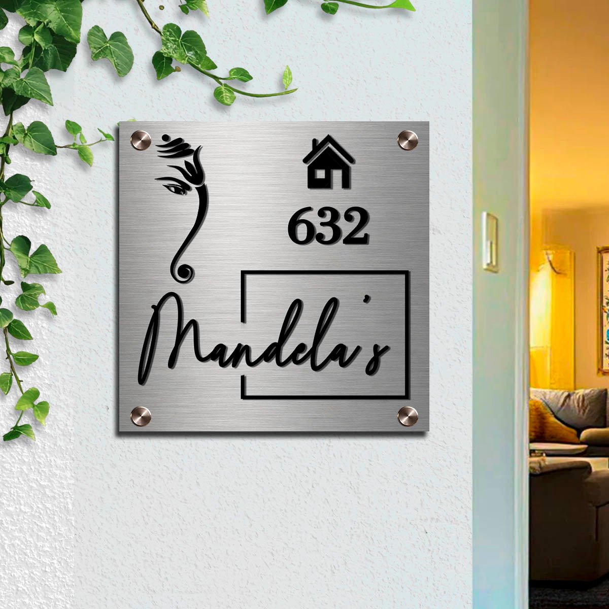 Steel Name Plate for Home – Ganesha & House Icon 3D - Sblossom