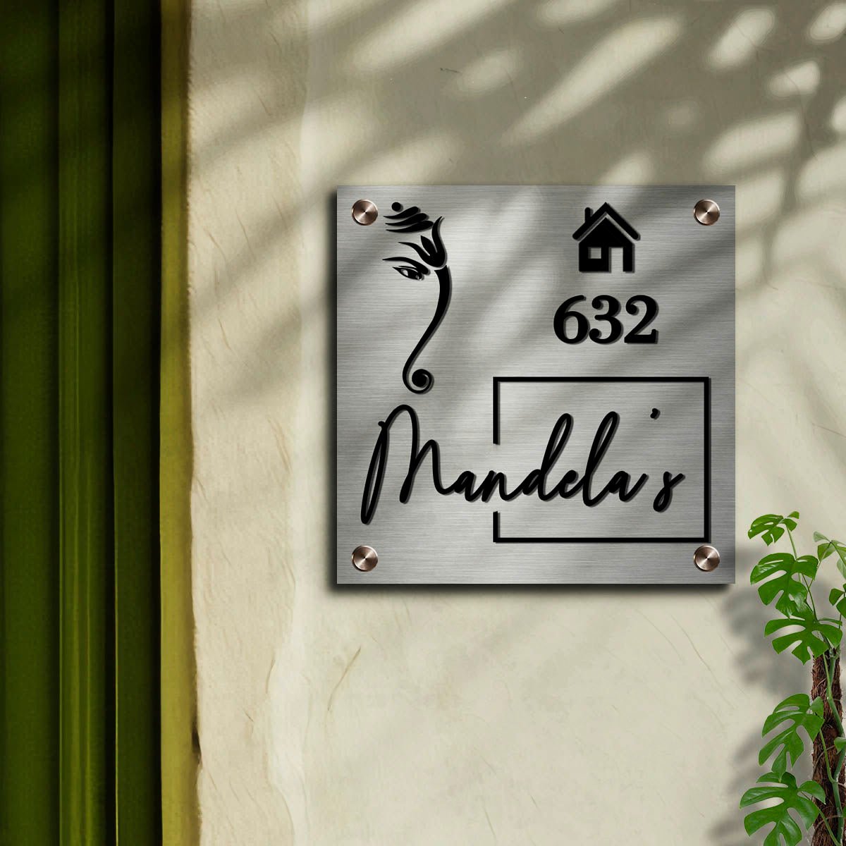 Steel Name Plate for Home – Ganesha & House Icon 3D - Sblossom