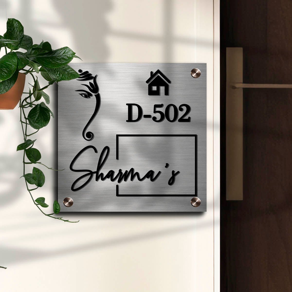 Steel Name Plate for Home – Ganesha & House Icon 3D - Sblossom